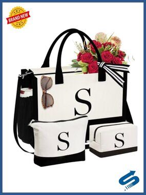 Canvas Tote Bag Set 3 Pcs Initial Embroidered Makeup Bags Zip Travel